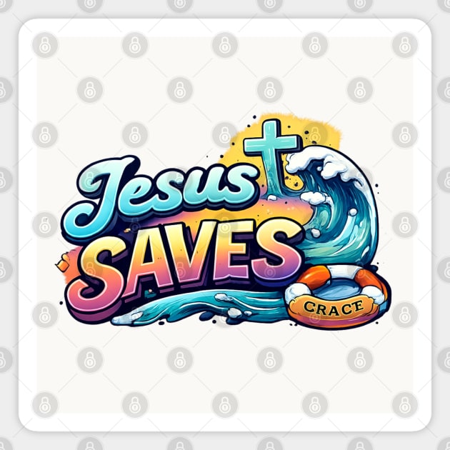 Jesus Saves Christian Faith Design | Grace Cross and Wave Illustration Magnet by Anne Lee